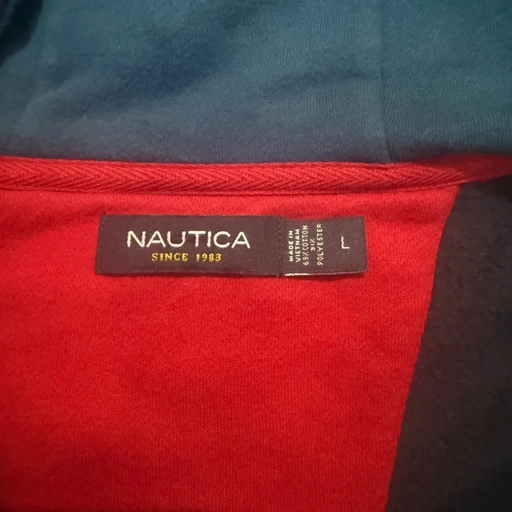 Nautica Men’s Large Navy Full Zip Hooded Jacket Fleece Lined Vintage Style